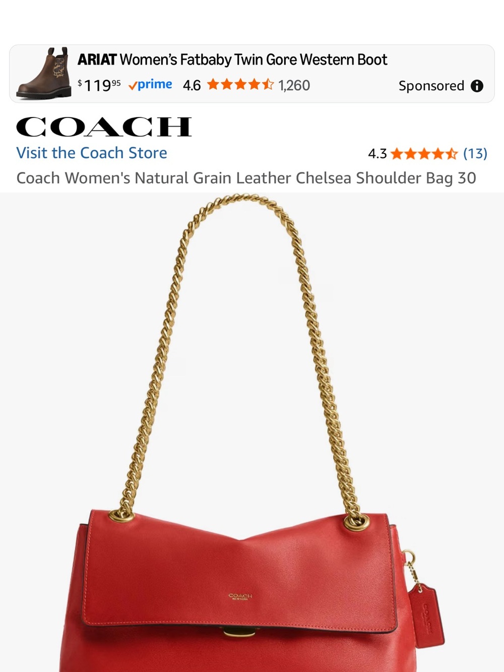 Coach Red Leather Shoulder Bag with Gold Chain Strap